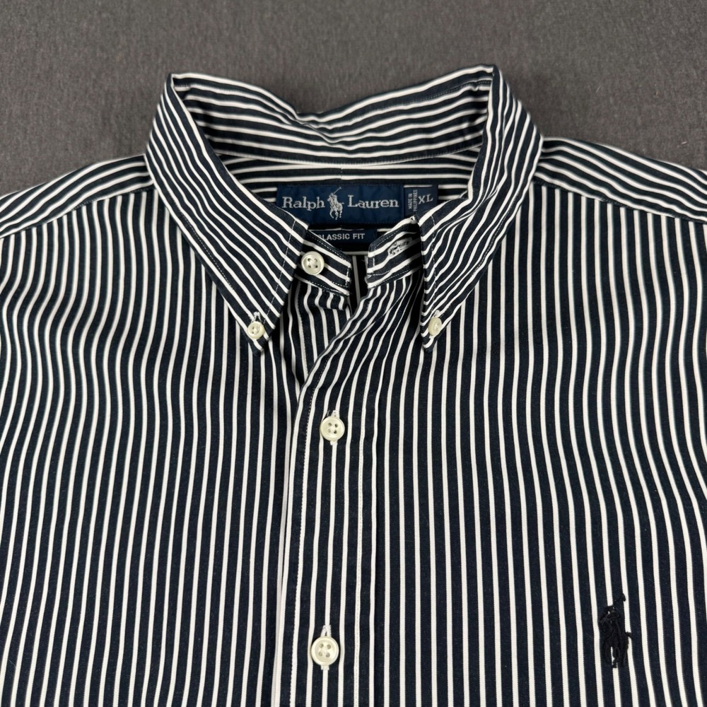 Ralph Lauren Classic Fit Navy White Striped Button Down Shirt Mens XL LS